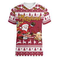 Custom Maryland Christmas Women V Neck T Shirt Santa Claus Riding A Reindeer - Wonder Print Shop