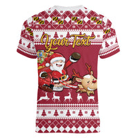 Custom Maryland Christmas Women V Neck T Shirt Santa Claus Riding A Reindeer - Wonder Print Shop