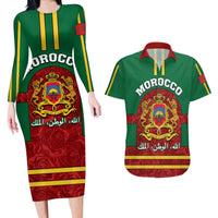 Morocco Proclamation Day Couples Matching Long Sleeve Bodycon Dress and Hawaiian Shirt Marruecos Coat of Arms Roses Pattern - Wonder Print Shop