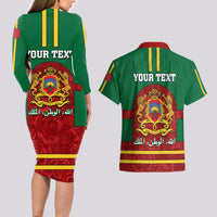 Morocco Proclamation Day Couples Matching Long Sleeve Bodycon Dress and Hawaiian Shirt Marruecos Coat of Arms Roses Pattern - Wonder Print Shop