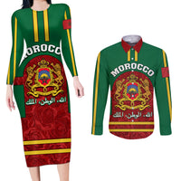 Morocco Proclamation Day Couples Matching Long Sleeve Bodycon Dress and Long Sleeve Button Shirt Marruecos Coat of Arms Roses Pattern - Wonder Print Shop