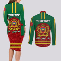 Morocco Proclamation Day Couples Matching Long Sleeve Bodycon Dress and Long Sleeve Button Shirt Marruecos Coat of Arms Roses Pattern - Wonder Print Shop