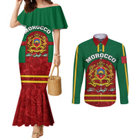 morocco-proclamation-day-couples-matching-mermaid-dress-and-long-sleeve-button-shirt-marruecos-coat-of-arms-roses-pattern