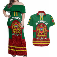 Morocco Proclamation Day Couples Matching Off Shoulder Maxi Dress and Hawaiian Shirt Marruecos Coat of Arms Roses Pattern - Wonder Print Shop