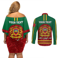 Morocco Proclamation Day Couples Matching Off Shoulder Short Dress and Long Sleeve Button Shirt Marruecos Coat of Arms Roses Pattern - Wonder Print Shop