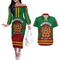 Morocco Proclamation Day Couples Matching Off The Shoulder Long Sleeve Dress and Hawaiian Shirt Marruecos Coat of Arms Roses Pattern - Wonder Print Shop
