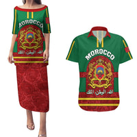 Morocco Proclamation Day Couples Matching Puletasi Dress and Hawaiian Shirt Marruecos Coat of Arms Roses Pattern - Wonder Print Shop