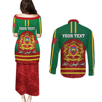 Morocco Proclamation Day Couples Matching Puletasi Dress and Long Sleeve Button Shirt Marruecos Coat of Arms Roses Pattern - Wonder Print Shop