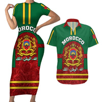 Morocco Proclamation Day Couples Matching Short Sleeve Bodycon Dress and Hawaiian Shirt Marruecos Coat of Arms Roses Pattern - Wonder Print Shop
