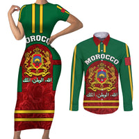 Morocco Proclamation Day Couples Matching Short Sleeve Bodycon Dress and Long Sleeve Button Shirt Marruecos Coat of Arms Roses Pattern - Wonder Print Shop