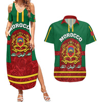 Morocco Proclamation Day Couples Matching Summer Maxi Dress and Hawaiian Shirt Marruecos Coat of Arms Roses Pattern - Wonder Print Shop
