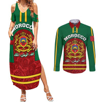Morocco Proclamation Day Couples Matching Summer Maxi Dress and Long Sleeve Button Shirt Marruecos Coat of Arms Roses Pattern - Wonder Print Shop