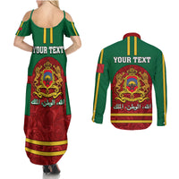 Morocco Proclamation Day Couples Matching Summer Maxi Dress and Long Sleeve Button Shirt Marruecos Coat of Arms Roses Pattern - Wonder Print Shop