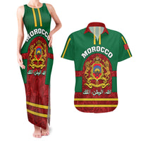 Morocco Proclamation Day Couples Matching Tank Maxi Dress and Hawaiian Shirt Marruecos Coat of Arms Roses Pattern - Wonder Print Shop