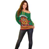 Morocco Proclamation Day Off Shoulder Sweater Marruecos Coat of Arms Roses Pattern - Wonder Print Shop