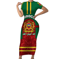 Morocco Proclamation Day Short Sleeve Bodycon Dress Marruecos Coat of Arms Roses Pattern - Wonder Print Shop