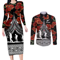 New Zealand ANZAC Day Couples Matching Long Sleeve Bodycon Dress and Long Sleeve Button Shirt Poppy With Polynesian Pattern - Wonder Print Shop