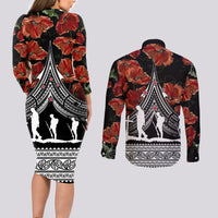 New Zealand ANZAC Day Couples Matching Long Sleeve Bodycon Dress and Long Sleeve Button Shirt Poppy With Polynesian Pattern - Wonder Print Shop