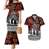 New Zealand ANZAC Day Couples Matching Mermaid Dress and Hawaiian Shirt Poppy With Polynesian Pattern - Wonder Print Shop