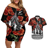 New Zealand ANZAC Day Couples Matching Off Shoulder Short Dress and Hawaiian Shirt Poppy With Polynesian Pattern - Wonder Print Shop