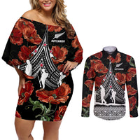 New Zealand ANZAC Day Couples Matching Off Shoulder Short Dress and Long Sleeve Button Shirt Poppy With Polynesian Pattern - Wonder Print Shop