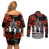 New Zealand ANZAC Day Couples Matching Off Shoulder Short Dress and Long Sleeve Button Shirt Poppy With Polynesian Pattern - Wonder Print Shop