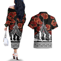 New Zealand ANZAC Day Couples Matching Off The Shoulder Long Sleeve Dress and Hawaiian Shirt Poppy With Polynesian Pattern - Wonder Print Shop
