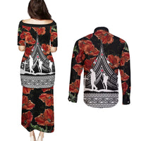 New Zealand ANZAC Day Couples Matching Puletasi Dress and Long Sleeve Button Shirt Poppy With Polynesian Pattern - Wonder Print Shop