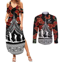 New Zealand ANZAC Day Couples Matching Summer Maxi Dress and Long Sleeve Button Shirt Poppy With Polynesian Pattern - Wonder Print Shop