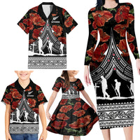 New Zealand ANZAC Day Family Matching Long Sleeve Bodycon Dress and Hawaiian Shirt Poppy With Polynesian Pattern - Wonder Print Shop