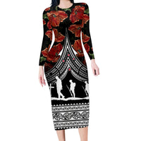 New Zealand ANZAC Day Family Matching Long Sleeve Bodycon Dress and Hawaiian Shirt Poppy With Polynesian Pattern - Wonder Print Shop