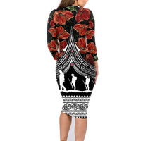 New Zealand ANZAC Day Family Matching Long Sleeve Bodycon Dress and Hawaiian Shirt Poppy With Polynesian Pattern - Wonder Print Shop