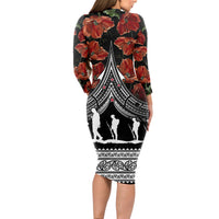 New Zealand ANZAC Day Long Sleeve Bodycon Dress Poppy With Polynesian Pattern - Wonder Print Shop