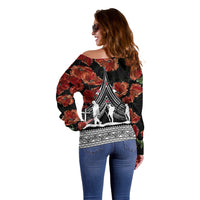 New Zealand ANZAC Day Off Shoulder Sweater Poppy With Polynesian Pattern - Wonder Print Shop