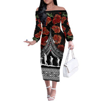 New Zealand ANZAC Day Off The Shoulder Long Sleeve Dress Poppy With Polynesian Pattern - Wonder Print Shop