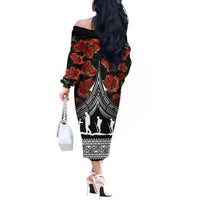 New Zealand ANZAC Day Off The Shoulder Long Sleeve Dress Poppy With Polynesian Pattern - Wonder Print Shop