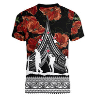 New Zealand ANZAC Day Women V Neck T Shirt Poppy With Polynesian Pattern - Wonder Print Shop