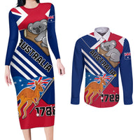 Australia Day Kangaroo and Koala With Flag Couples Matching Long Sleeve Bodycon Dress and Long Sleeve Button Shirt - Wonder Print Shop
