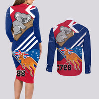 Australia Day Kangaroo and Koala With Flag Couples Matching Long Sleeve Bodycon Dress and Long Sleeve Button Shirt - Wonder Print Shop