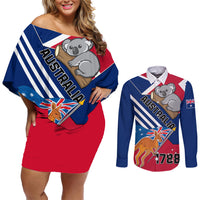 Australia Day Kangaroo and Koala With Flag Couples Matching Off Shoulder Short Dress and Long Sleeve Button Shirt - Wonder Print Shop