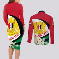 Syria Independence Day Couples Matching Long Sleeve Bodycon Dress and Long Sleeve Button Shirt Syrian Coat Of Arms With Jasmine Flower - Wonder Print Shop