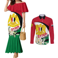 Syria Independence Day Couples Matching Mermaid Dress and Long Sleeve Button Shirt Syrian Coat Of Arms With Jasmine Flower