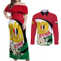 Syria Independence Day Couples Matching Off Shoulder Maxi Dress and Long Sleeve Button Shirt Syrian Coat Of Arms With Jasmine Flower - Wonder Print Shop