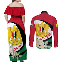 Syria Independence Day Couples Matching Off Shoulder Maxi Dress and Long Sleeve Button Shirt Syrian Coat Of Arms With Jasmine Flower - Wonder Print Shop