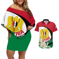 Syria Independence Day Couples Matching Off Shoulder Short Dress and Hawaiian Shirt Syrian Coat Of Arms With Jasmine Flower - Wonder Print Shop