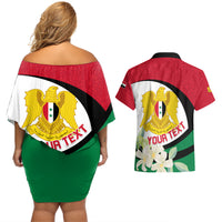 Syria Independence Day Couples Matching Off Shoulder Short Dress and Hawaiian Shirt Syrian Coat Of Arms With Jasmine Flower - Wonder Print Shop