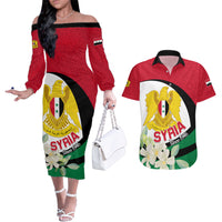 Syria Independence Day Couples Matching Off The Shoulder Long Sleeve Dress and Hawaiian Shirt Syrian Coat Of Arms With Jasmine Flower - Wonder Print Shop