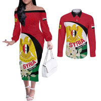 Syria Independence Day Couples Matching Off The Shoulder Long Sleeve Dress and Long Sleeve Button Shirt Syrian Coat Of Arms With Jasmine Flower