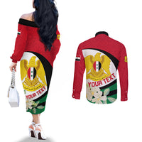 Syria Independence Day Couples Matching Off The Shoulder Long Sleeve Dress and Long Sleeve Button Shirt Syrian Coat Of Arms With Jasmine Flower