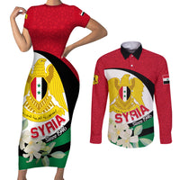 Syria Independence Day Couples Matching Short Sleeve Bodycon Dress and Long Sleeve Button Shirt Syrian Coat Of Arms With Jasmine Flower - Wonder Print Shop